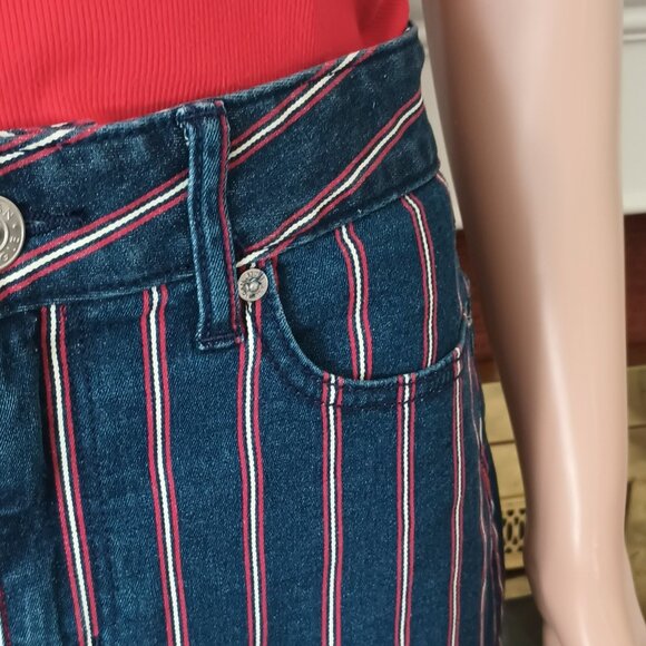 American Eagle Striped Mini Skirt 6 Red White Blue Super Stretch Denim Cut Off - Picture 2 of 12